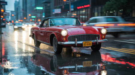 A classic red convertible cruises through a busy urban street in the rain. Light reflects off the wet pavement as cars pass by, creating a vibrant evening atmosphere.の素材