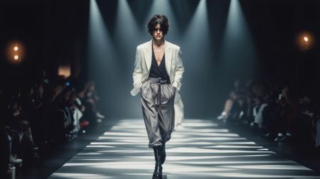 Gender neutral model showcasing designer clothes during a fashion showの素材