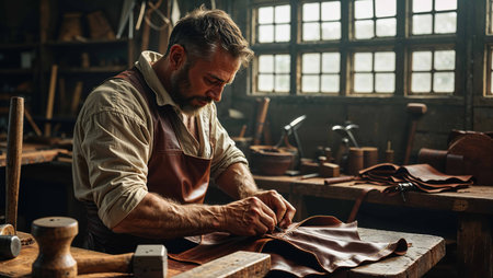 A skilled artisan meticulously stitches leather in a rustic workshop. Sunlight filters through windows, illuminating the workspace filled with various tools and materials.の素材