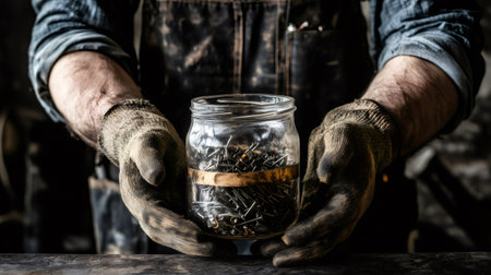 Close up of gloved hands holding a glass jar filled with nails, emphasizing construction and workshop themesの素材