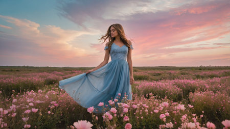 A young woman in a flowing blue dress gracefully walks among vibrant pink flowers during sunset. The sky is painted with hues of orange and purple, creating a serene atmosphere.の素材