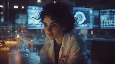 Robotics engineer interacting with holographic augmented reality interface in a high tech laboratoryの素材