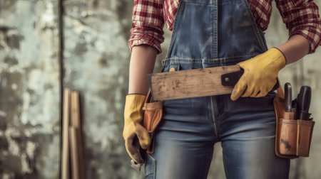 Close up of a female carpenter wearing gloves, holding a wooden ruler and tools in a construction siteの素材