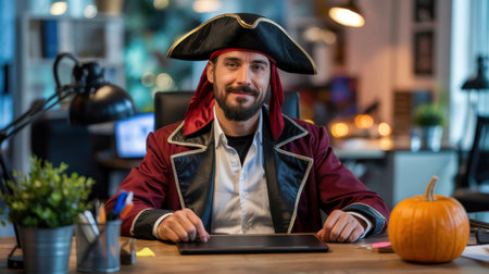 A man in a pirate costume with a hat smiles while seated at a desk. The workspace features modern decor and a pumpkin, indicating the autumn season.の素材