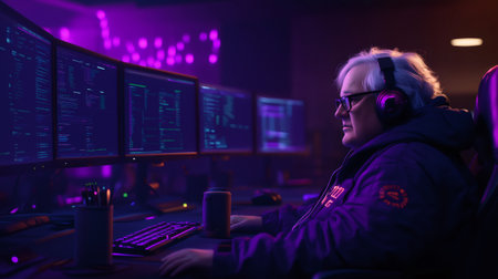 Focused software engineer working with multiple monitors and code displayed on screens in a dark room illuminated by purple lightsの素材