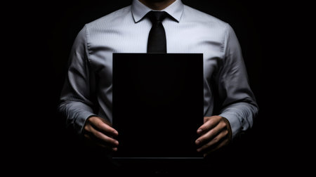 Businessman holding a black blank board in dark backgroundの素材