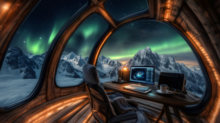 Cozy workspace with computer and coffee cup inside futuristic wooden cabin offering stunning view of snowy mountains and aurora borealisの素材