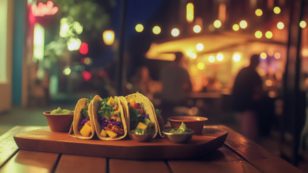Plant based tacos served with guacamole and mango chutney on a wooden board, sitting on a restaurant table at night, with blurred customers in backgroundの素材