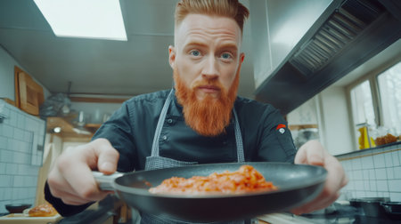 Professional chef with red beard showing a pan with tomato sauce in a restaurant kitchenの素材