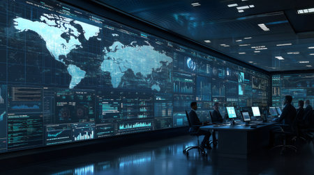 Financial analysts monitoring global markets in a high tech environmentの素材