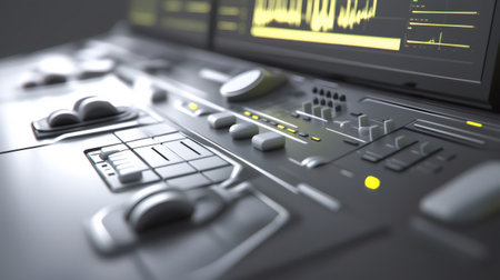 Close up of a professional audio mixing console with illuminated buttons and faders, displaying audio waveforms on the screenの素材