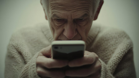 Elderly man using smartphone with a serious expression, showcasing concept of technology adoption by senior citizensの素材