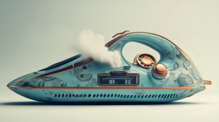 Steampunk iron emitting steam, featuring a digital display and copper details, on a light backgroundの素材