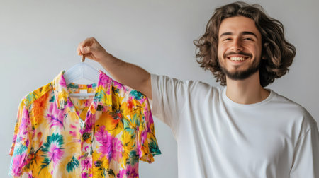 Young man with long hair and beard holding a hanger with a hawaiian shirt, smilingの素材