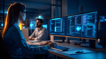 Software developers working on futuristic computer code in a dark officeの素材