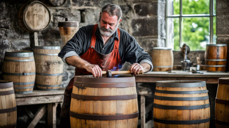 Master cooper carefully crafting wooden barrel in traditional workshop, showcasing craftsmanship and heritageの素材
