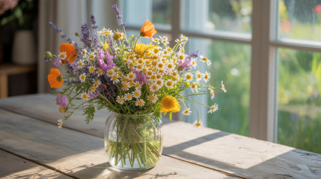 A vibrant bouquet of wildflowers fills a glass vase, sitting on a rustic wooden table. Sunlight pours in through a nearby window, illuminating the cheerful colors and creating a warm atmosphere.の素材