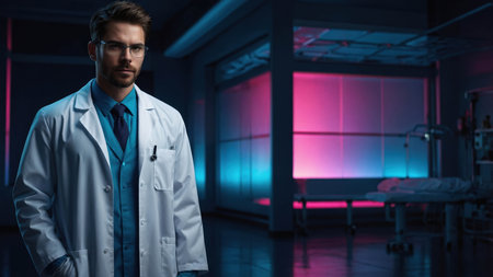 A young male doctor is dressed in a lab coat and blue tie, confidently standing in a high-tech hospital environment with vibrant lighting, showcasing professionalism during nighttime.の素材