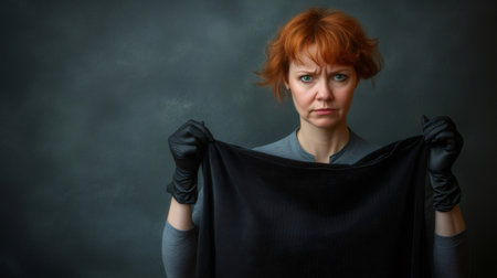 Seamstress with red hair wearing black gloves holding black fabric looking serious on dark backgroundの素材