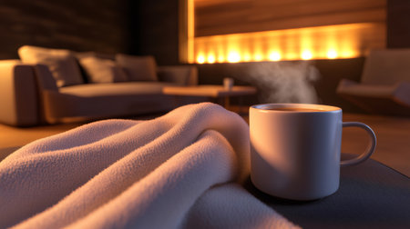 Warm and inviting living room with a steaming cup of coffee and a soft blanket, perfect for relaxing on a cold eveningの素材