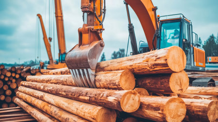 Excavator is lifting freshly cut tree trunks with its claw in a wood storage areaの素材