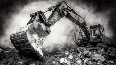 Powerful excavator digging and crushing through a pile of debris, creating dust and smoke, in a dramatic black and white sceneの素材