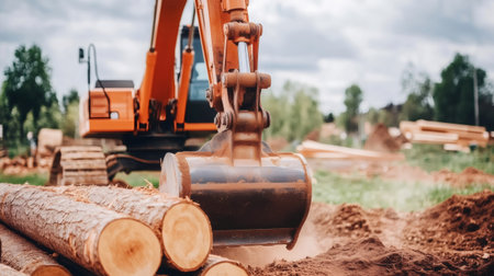 Excavator bucket lifting logs at construction siteの素材