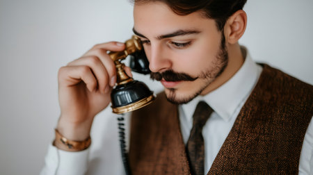 Retro styled businessman talking on a vintage telephone, conveying a sense of classic communicationの素材