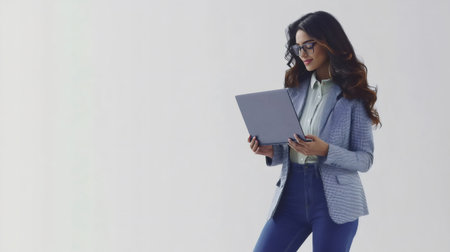 Businesswoman wearing glasses and holding a laptop is working remotely on a white backgroundの素材