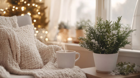 Cozy winter scene with steaming cup of coffee, warm blanket, and Christmas tree lights, perfect for a relaxing holiday seasonの素材
