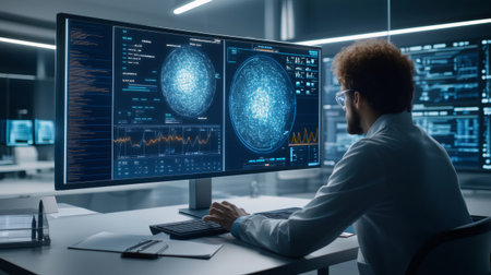 Scientist working with artificial intelligence using big data analysis and machine learning algorithms on computerの素材