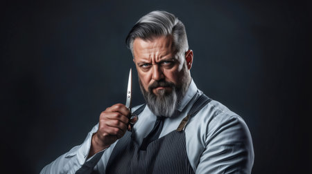Portrait of a barber wearing apron and holding professional scissors with a serious expression in a dark backgroundの素材