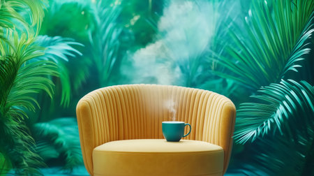 Steaming cup of coffee sits on a comfortable yellow armchair amidst a vibrant backdrop of tropical plants, creating a serene and inviting atmosphereの素材