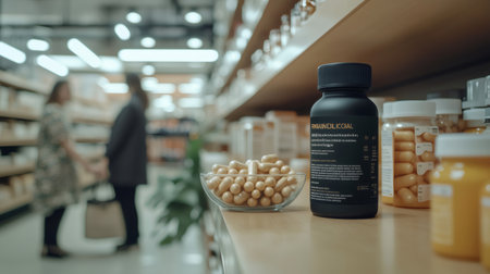 Dietary supplements are displayed on a shelf in a pharmacy with customers shopping in the blurred backgroundの素材
