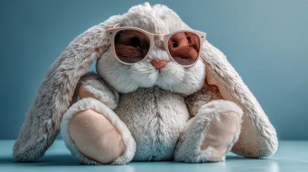 A fluffy stuffed bunny with long ears and soft fur sits comfortably, sporting trendy sunglasses. The light blue backdrop enhances its playful, cheerful vibe, perfect for a fun indoor atmosphere.の素材
