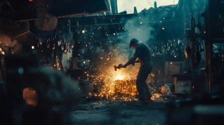 Blacksmith shaping metal in dimly lit forge, creating shower of sparksの素材