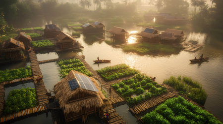 Floating gardens with thatched roof huts and solar panels, farmers working and navigating on boats at sunrise, creating a sustainable lifestyleの素材