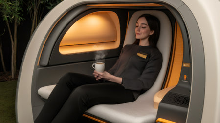 Businesswoman relaxing with a cup of hot coffee inside futuristic sensory pod, enjoying a peaceful moment in innovative workspaceの素材