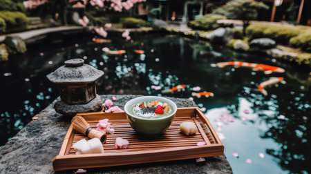 Green matcha smoothie bowl with banana, raspberry, black sesame seeds and yogurt on wooden tray by koi pond in Japanese garden with cherry blossomsの素材