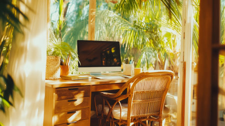 Wooden desk with computer and wicker chair in a sunlit room with tropical plants, creating a peaceful and productive workspaceの素材