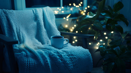 Warm blanket and coffee cup on a cozy armchair with christmas lights in the backgroundの素材