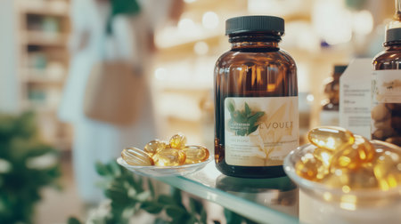 Amber multivitamin capsules and a brown medicine bottle are displayed in a pharmacy setting, promoting health and wellnessの素材