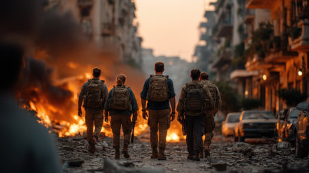Soldiers walk cautiously through a devastated urban area at sunset, surrounded by flames and ruined buildings, showcasing the aftermath of conflict and chaos in their surroundings.の素材