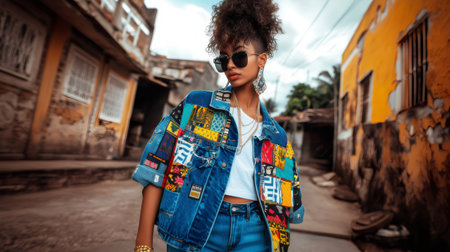Stylish young woman wearing a fashionable upcycled denim jacket with colorful african print textile patches in a gritty urban environmentの素材