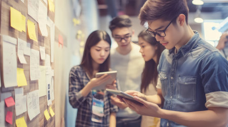 Team of young Asian developers using tablet and looking at notes on a wall in the office, working together on user experience and user interfaceの素材