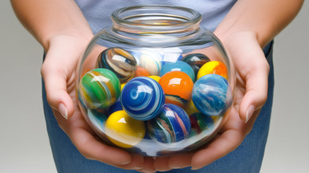 Woman holding a transparent glass jar filled with colorful toy marblesの素材