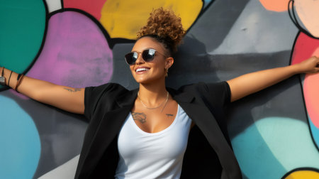 Young woman with tattoos and sunglasses is posing with open arms against a vibrant graffiti wall, showcasing urban style and confidenceの素材