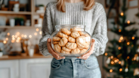 Woman showing a glass jar full of christmas cookies in a cozy kitchen with christmas tree and lightsの素材