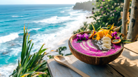Delicious pink smoothie bowl made with dragon fruit, mango, banana, passion fruit and chia seeds in a coconut shell, served on a wooden table with ocean viewの素材
