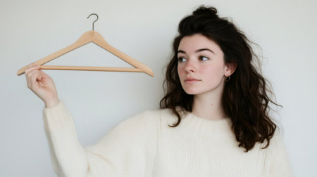 Thoughtful young woman holding a wooden hanger, reflecting on minimalist fashion and sustainable clothing choicesの素材